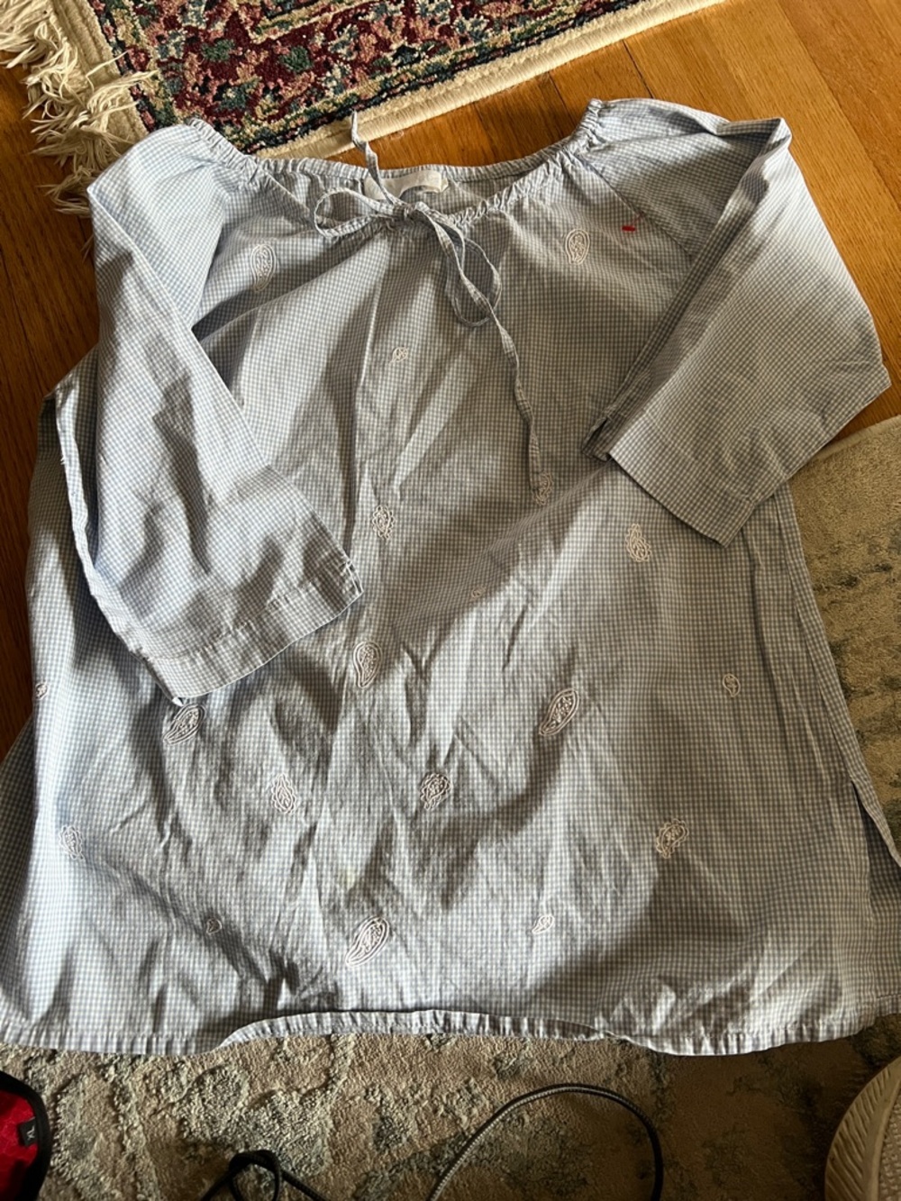 Women’s Light Blue Checked Tie-Neck Blouse with Embroidered Paisley